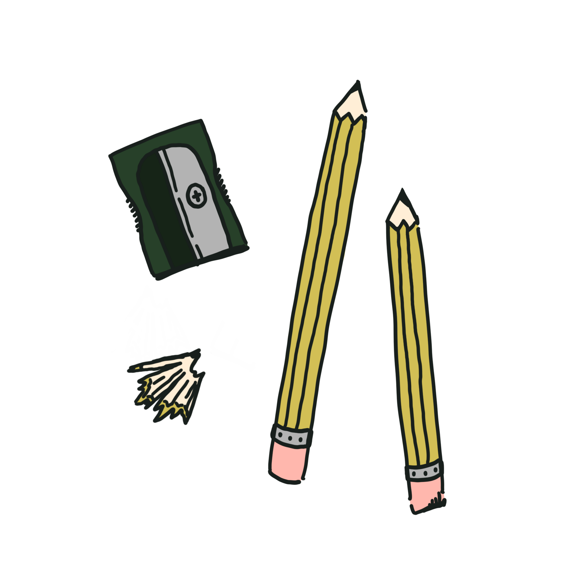 Two pencils next a pencil sharpener and pencil shavings